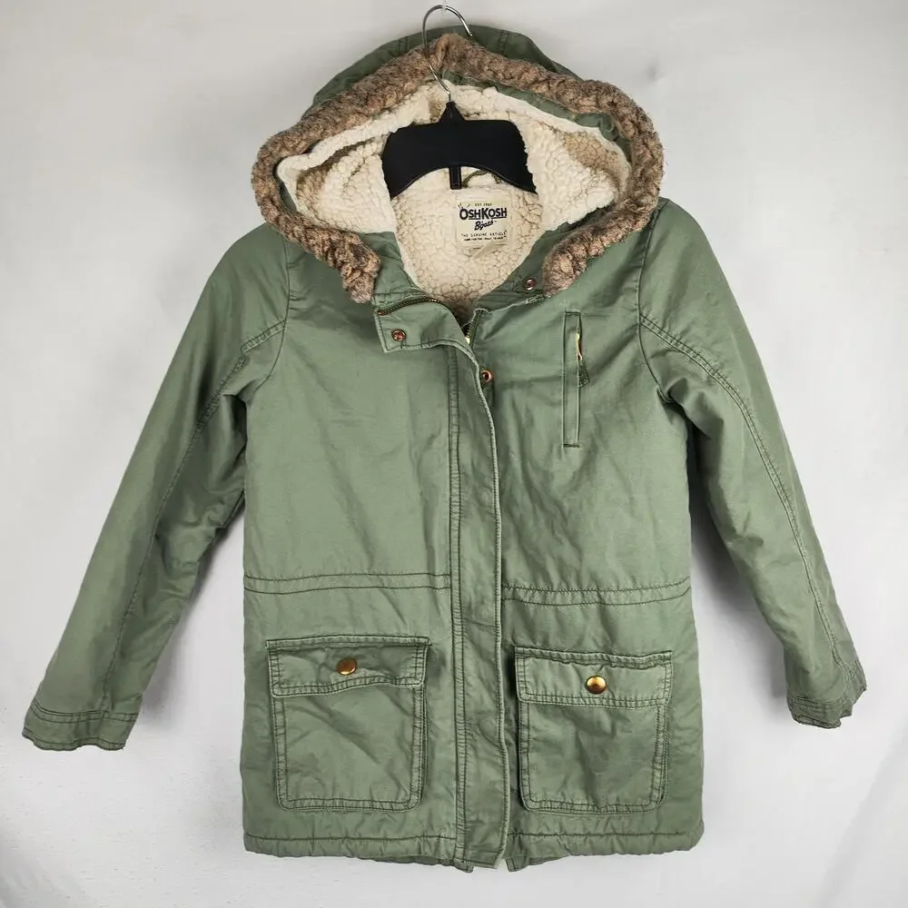 OshKosh B'gosh Jacket Youth 10-12 Green Hooded Sherpa Lined Canvas Parka Coat